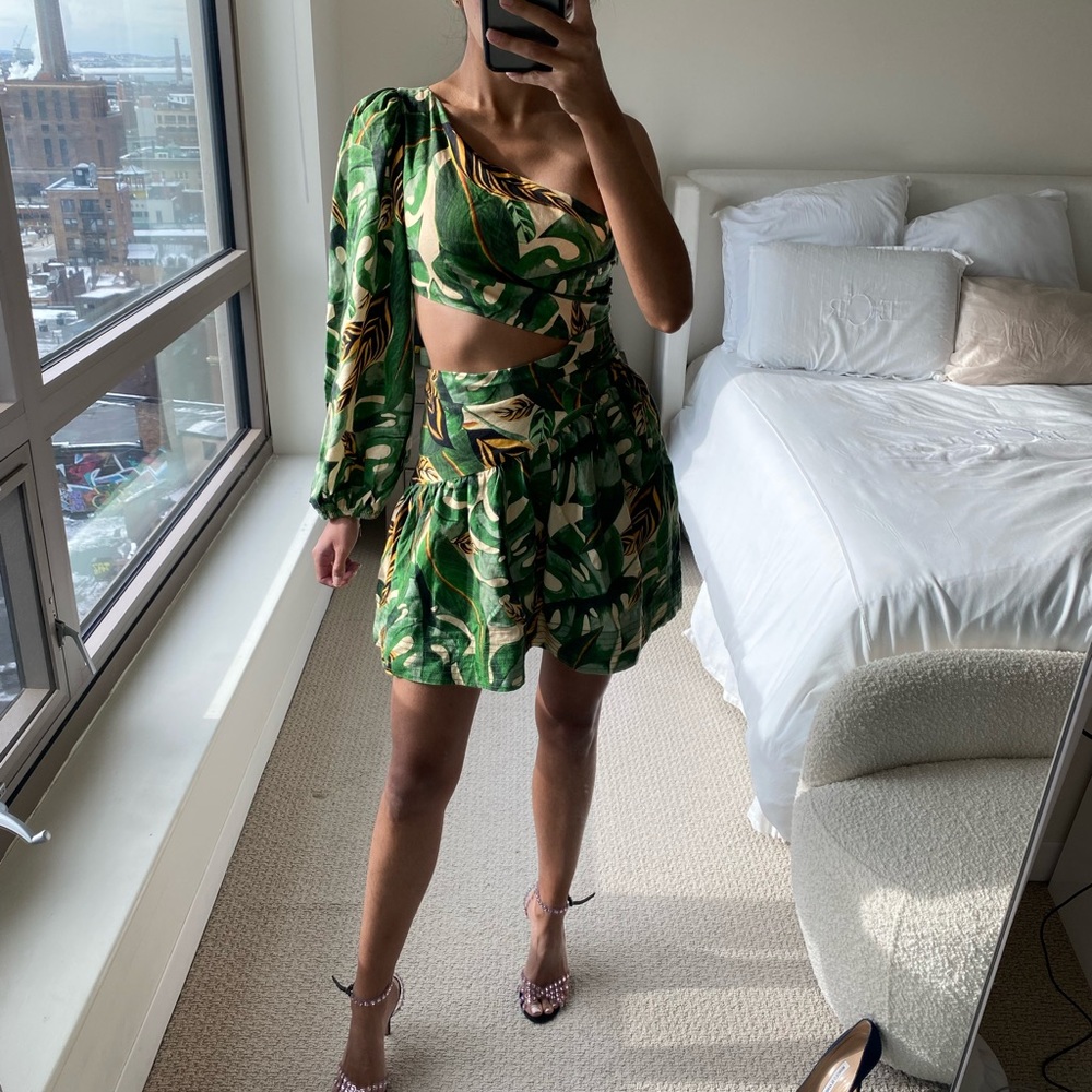 Farm rio One-sleeve cutout printed linen-blend mini dress